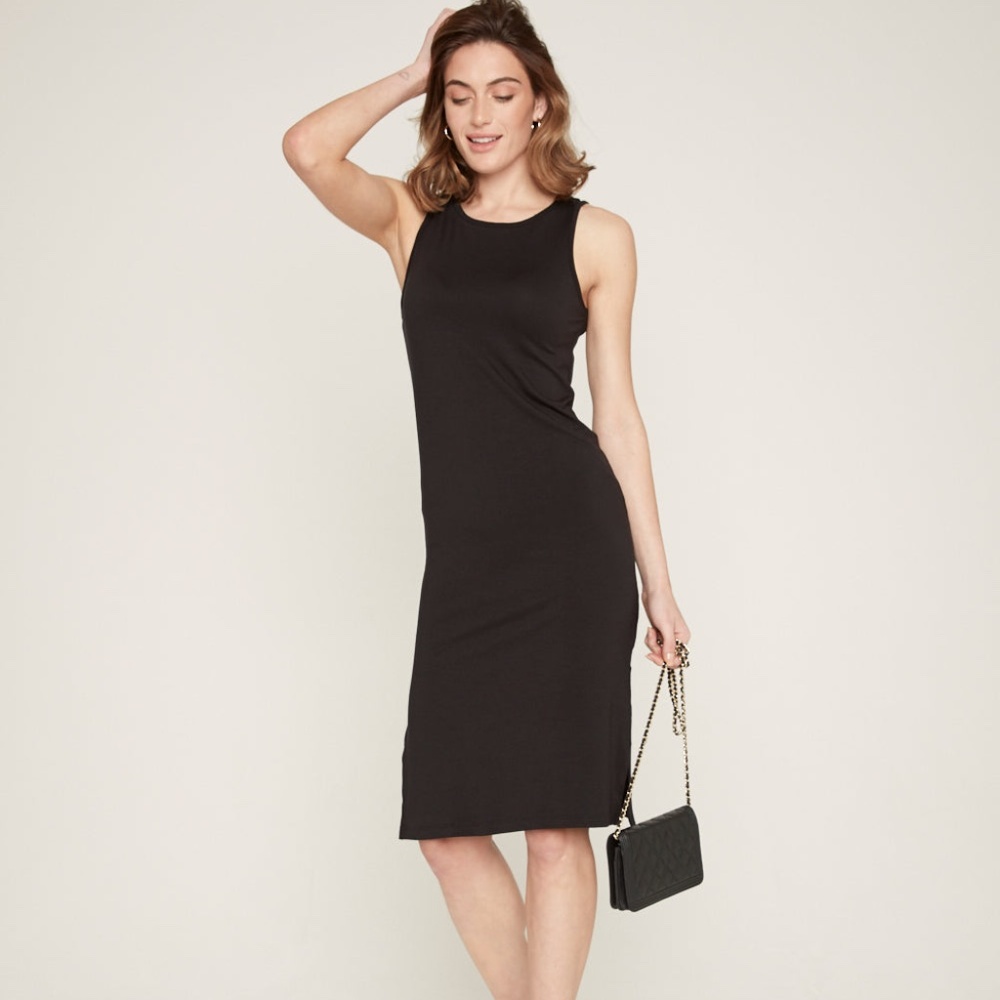 Eileen Fisher Stretch Tencel Midi Tank Dress Black Medium NWT